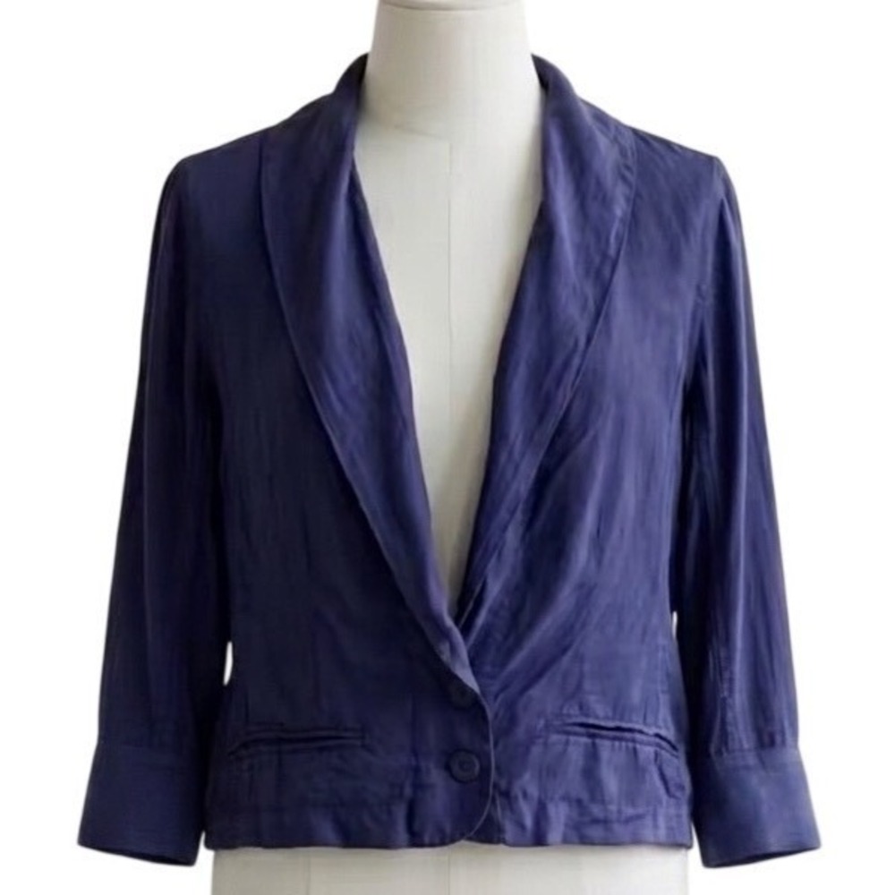 We The Free People Solid Indigo Blue S Silk Sheer Shawl Collar Blazer Blouse Top